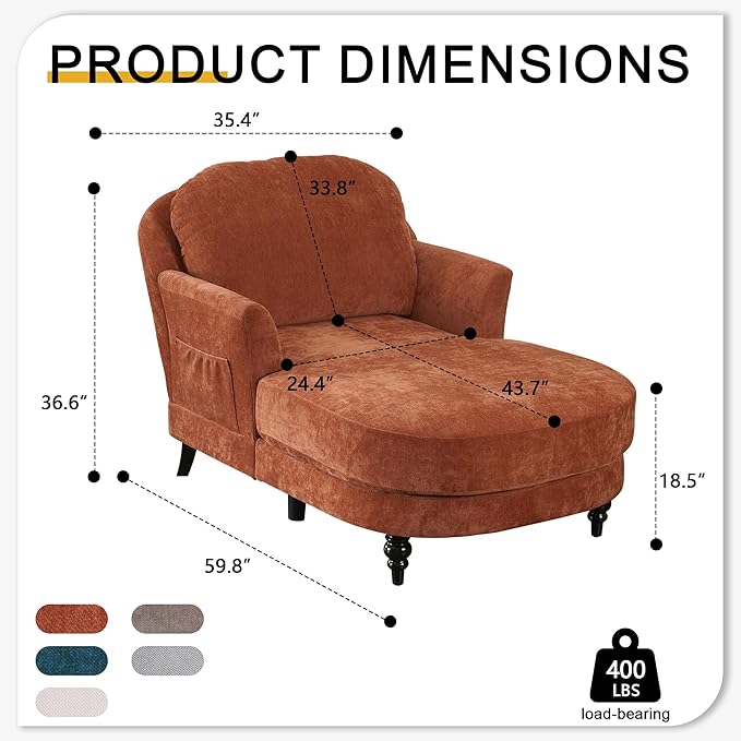 Chaise Lounge Chair Indoor, 59.8"Oversized Couch Reading Chairs, Chenille Comfortable Deep Sleeping Single Sofa, Upholstered Modern Couch Sofa Bed for Living Room, Bedroom & Apartment (Orange)