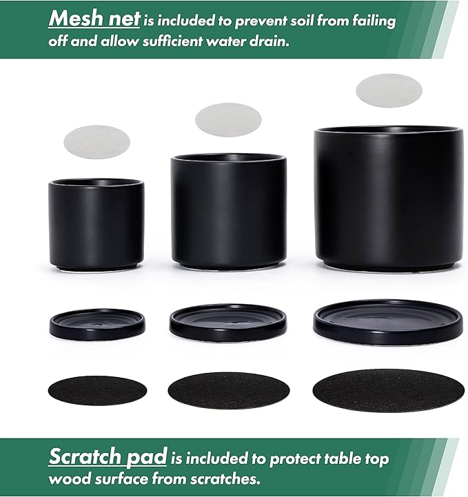 D'vine Dev Black Terracotta Pots for Plants, 4.2 Inch 5.3 Inch 6.5 Inch, Succulent Planter Pot with Drainage and Saucer, 40-T-A-2