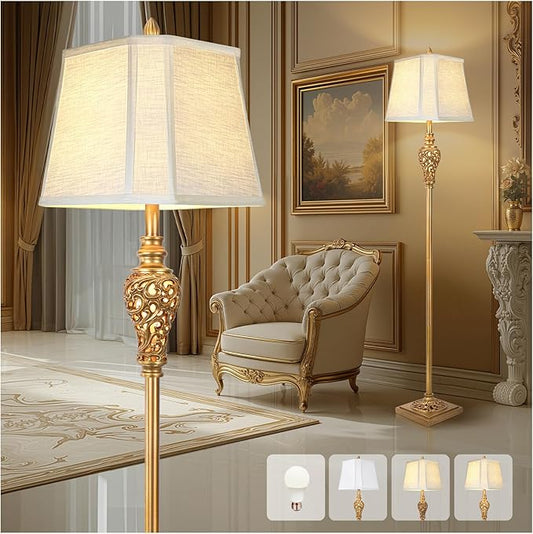 Vintage Farmhouse Floor Lamp with Nightlight, 65" Tall Standing Lamp with White Linen Fabric Shade, Antique Gold Finish, Elegant Reading Corner Light for Living Room, Bedroom, Office (Bulb Included)