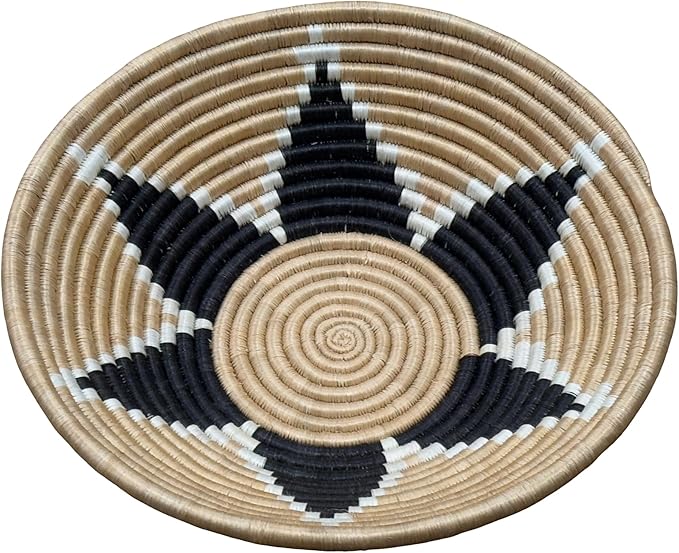 Handwoven African Basket Handmade sisal Fruit Bowl Wall Hanging decorative Baskets for Home Living Room Kitchen Centerpiece Zen Designs Arts and Crafts (Tan Black Natural, 8in diameter)