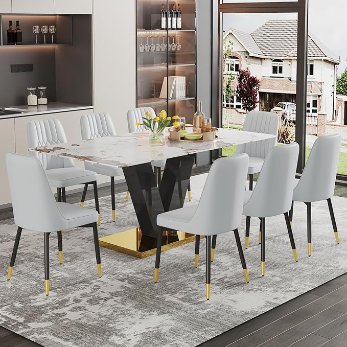 71'' Dining Table Set for 8,Marble Dining Table Set,Modern Kitchen Table with 8 PU Leather Chairs,Gold Dining Room Table Set with V-Shaped Black Glossy Pillars,Ideal for Kitchen Dining Room