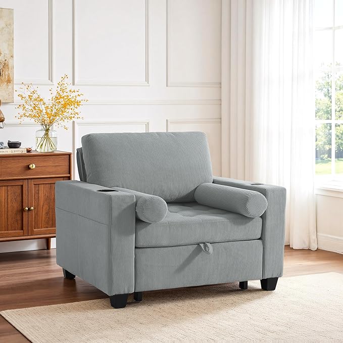 UIXE 3-in-1 Sleeper Chair Pull Out Sofa Bed, Convertible Reclining Seat Upholstered Armchair, Adjustable Backrest Recliner Chair with Side Pockets, Cup Holder & USB Ports - Gray