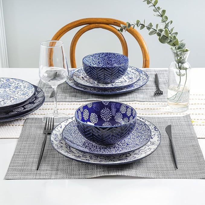 Selamica Embossed Dinnerware Sets 12 Piece, Ceramic Dishes set for 4, Kitchen Plates and Bowls Sets, Microwave & Dishwasher Safe, Housewarming, Dark Blue