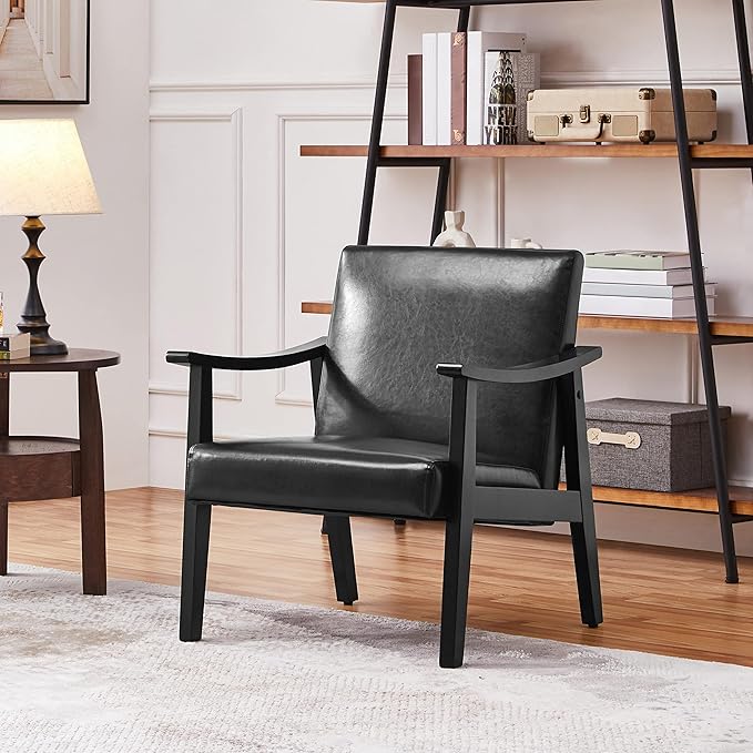 Yaheetech PU Leather Accent Chair, Mid-Century Modern Armchair with Solid Wood Legs, Reading Leisure Chair with High Back for Living Room Bedroom Waiting Room, 2 Pieces, Black