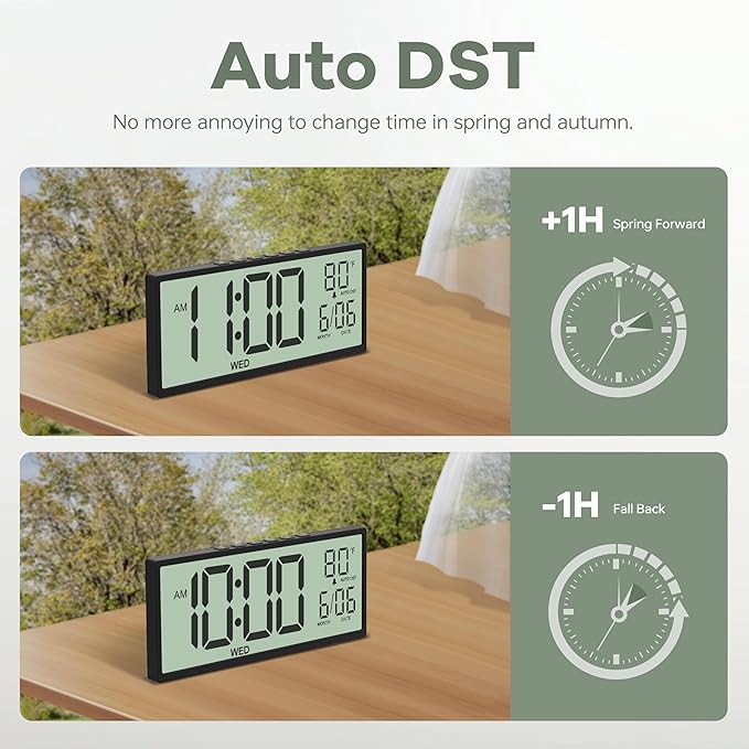 JALL 14.5" Large Digital Wall Clock Battery Operated with Big Digits LCD Screen Display, Day, Date, Alarm, Auto DST, Temperature for Living Room, Bedroom, Desk Decor, Mounted, Gift for Elderly