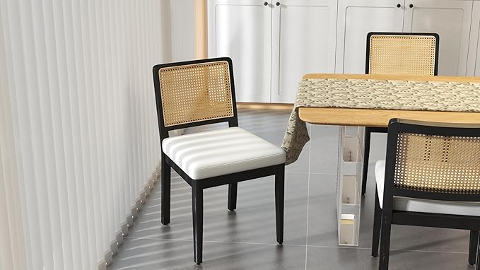 LukeAlon Farmhouse Rattan Dining Chairs Set of 4, Mid Century Modern Linen Kitchen & Dining Chairs with Solid Wood Legs, Woven Cane Upholstered Kitchen Chairs Side Chairs for Dining Room, Beige