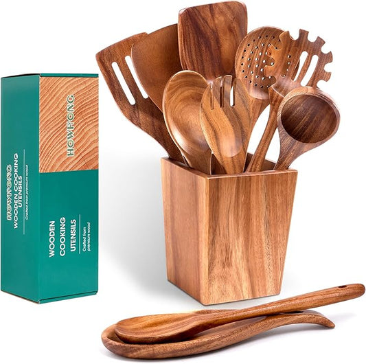 Wooden Cooking Utensils Set for Kitchen – 11-Piece Acacia Wood Spoons and Spatulas with Holder and Spoon Rest, Durable Wooden Spoons for Cooking, Nonstick Cookware Safe by Howhong