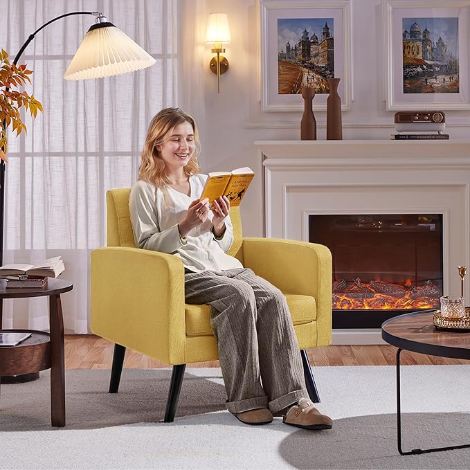 Yaheetech Mid-Century Accent Chairs, Modern Upholstered Living Room Chair, Cozy Armchair Button Tufted Back and Wood Legs for Bedroom/Office/Cafe, Yellow