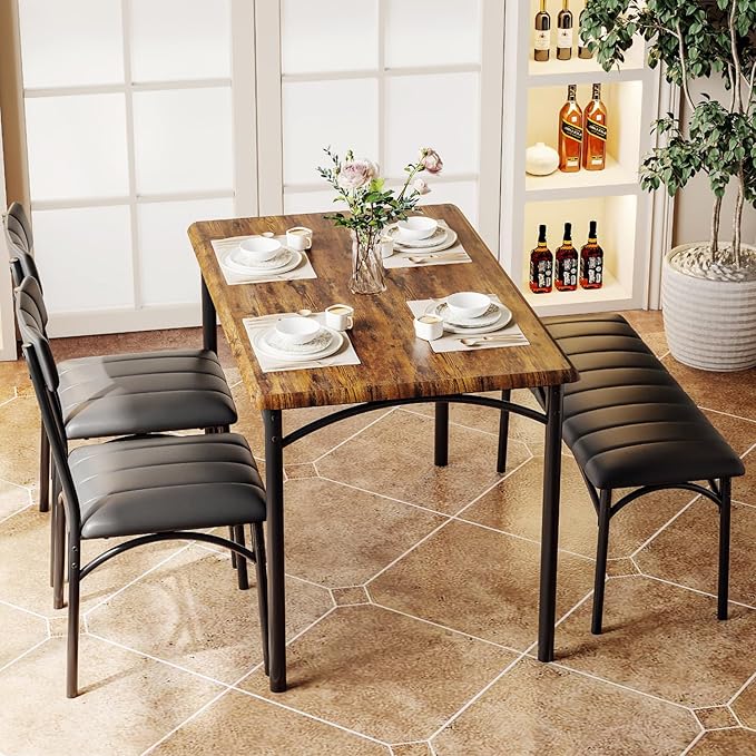 IDEALHOUSE Dining Table Set for 4, Kitchen Table with Chairs for 4, Rectangular Wood Dining Room Table Set with Upholstered Bench for Small Space, Dinner, Apartment, Retro Brown