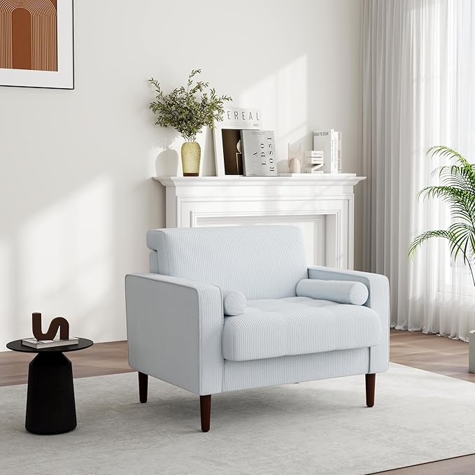 UIXE Corduroy Accent Chairs Set of 2, Modern Upholstered Living Room Arm Chair Comfy Bedroom Reading Armchair with Bolster Pillows, Mid-Century Track Armrest Tufted Single Sofa Seat (Beige)