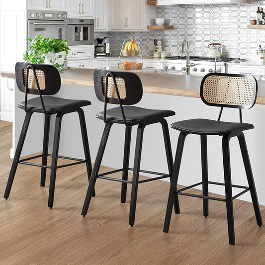 Counter Height Bar Stools Set of 3, PU Leather Upholstered Rattan Barstools, 26" Mid Century Modern Bar Chairs with Black Wood Legs, Armless Kitchen Island Dining Bar Chair, Black