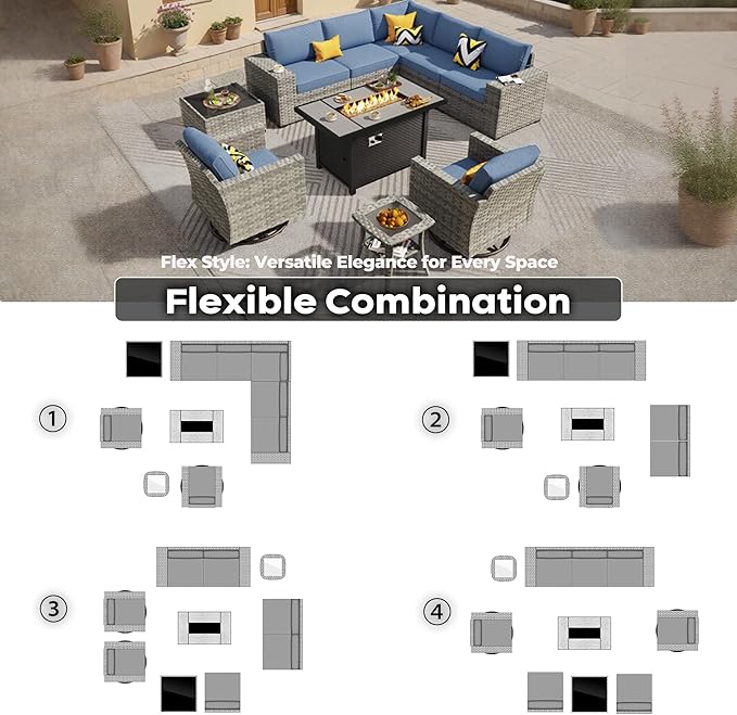 ovios 10 Pieces Patio Furniture Set, Outdoor Wicker Sectional Sofa with 42" Fire Pit Table Swivel Chairs, Modern Modular Deep Seat Rattan Couch Conversation Sets, Navy Blue