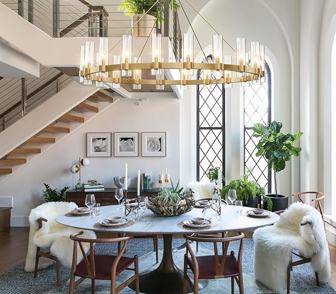 60 Inch Gold Chandelier, Wagon Wheel Chandelier with Glass Shade, 20-Lights Large Round Modern Farmhouse High Ceiling Pendant Lighting Fixture for Dining Room, Living Room, Kitchen, Foyer