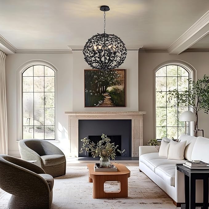 Black Industrial Branch Pendant Lights, 6-Light Modern Farmhouse Pendant Lighting , High Ceiling Hanging 21.7" Spherical Cage Pendant light Fixture for Living Room, Dining Room, Foyer, Bedroom