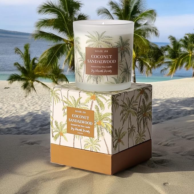 ROMIIE ZOI Coconut & Sandalwood Scented Candle - 6oz Soy Wax Candle for Home Scented, Stress Relief Candle Gifts for Women/Men