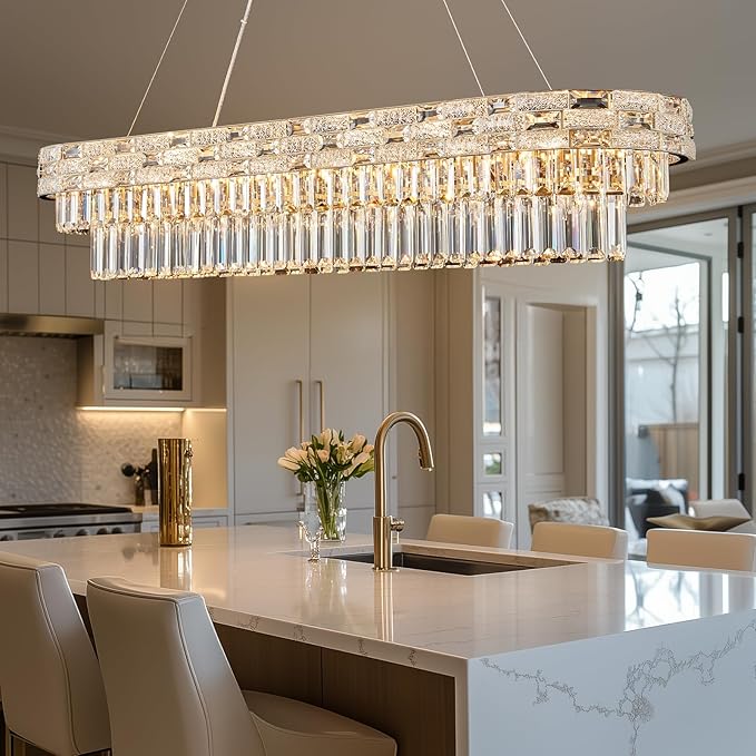 49.2" L Modern Crystal Chandeliers for Dining Room 18 Lights Gold Chandelier Large Rectangle Crystal Chandelier Pendant Light Fixture Kitchen Entryway Living Room 49.2" L x 8.7" H