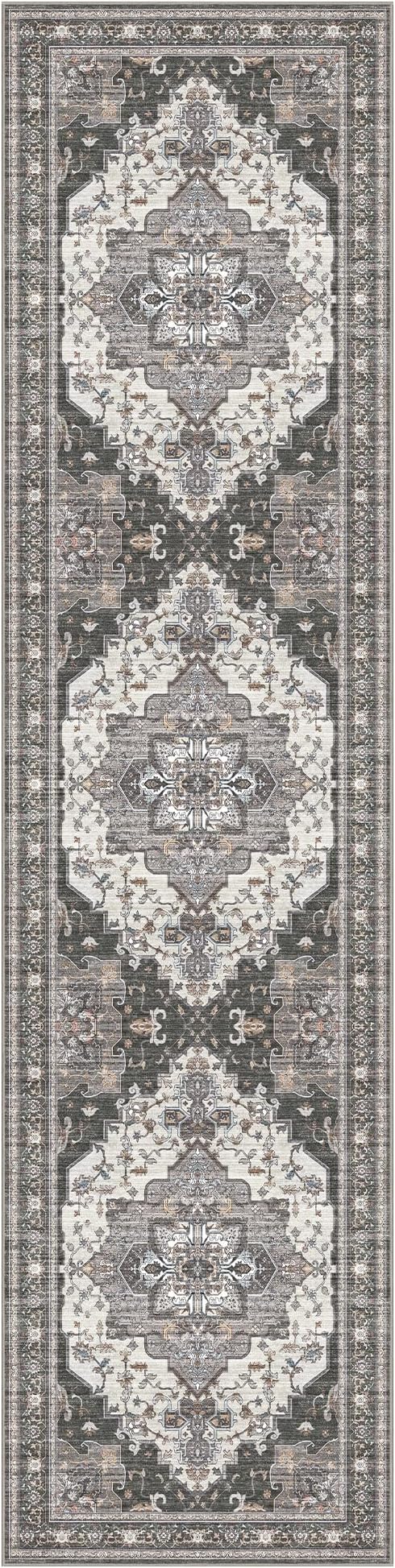 GENIMO 2X8 Hallway Runner Rug, Machine Washable Non Slip Vintage Floral Patchwork Runners, Thin Low Pile Chenille Carpet Runners for Entryway, Kitchen, Bathroom, Bedroom, Slate Gray
