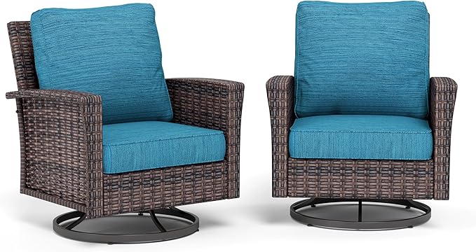 Patio Wicker Swivel Chairs Set of 2, Outdoor High Back Chairs with 5.5" Waterproof Cushions, Outdoor Furniture Set for Deck Porch and Yard, Peacock Blue