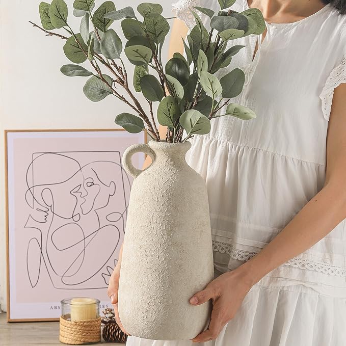 Ceramic Rustic Vase, 12.8" Large Flower Vases Home Decor Pottery Farmhouse Decorative Vase Boho Neutral Pampas Vases for Mantel Entryway Table Living Room Shelf Kitchen