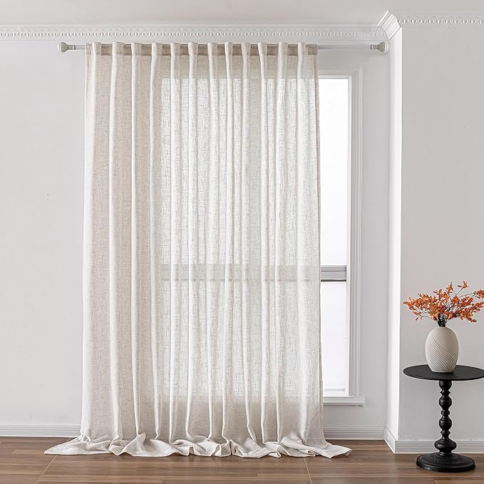 MYSKY HOME Country Curtains for Sliding Glass Door, Back Tab Semi Sheer Curtain Panels Extra Long Floor Length Drapes 108 Inches for Living Room Linen Texture Soft Touch, 100x108 Inch, Linen, 1 Piece