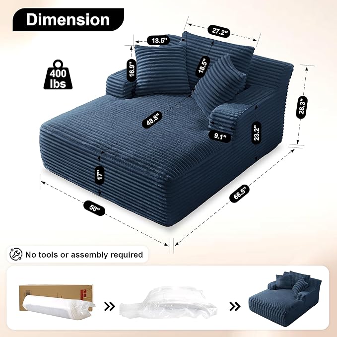 Boneless Couch Sofa Chiar Chaise Lounge Chair Indoor Upholstered Corduroy Couch Cloud Sleeper Sofa Oversized Reading Chair for Living Room No Assembly Required (Blue, 50" W x 67" D)