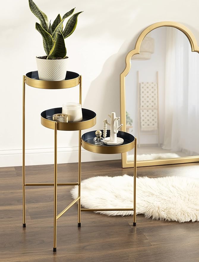 Kate and Laurel Finn Tri-Level Plant Stand; 16 x 21 x 30; Navy and Gold; Decorative Metal Plant Stands for Indoor Plants