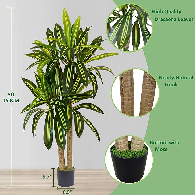 Artificial Dracaena Tree, 5ft Tall Fake Dracaena Plant with Basket, Indoor Outdoor Faux Topiary Yucca Trees for Office Home Living Room Porch Patio Décor