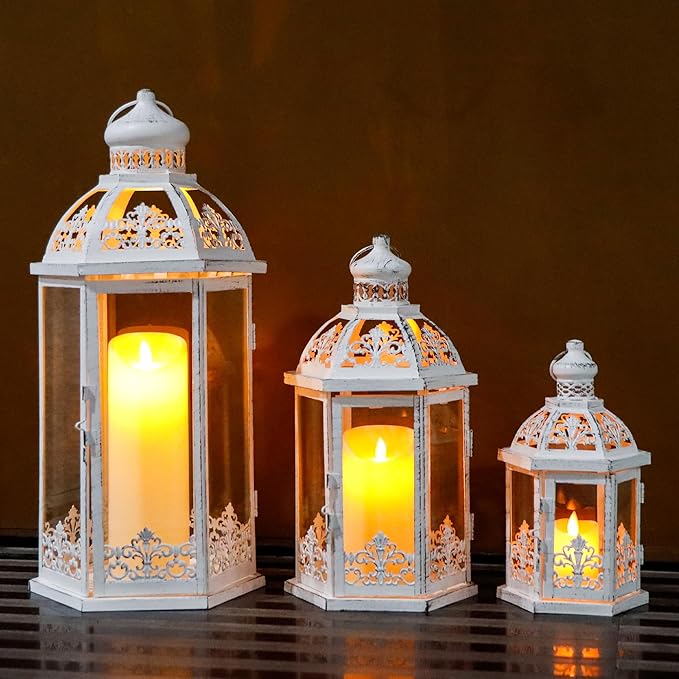 TRIROCKS Large Set of 3 Decorative Lanterns 19''&13.5''&9.5" H Vintage Hanging Lantern Metal Candleholder with Tempered Glass for Indoor Outdoor Home Decor Parties Garden(White with Grey Brush)