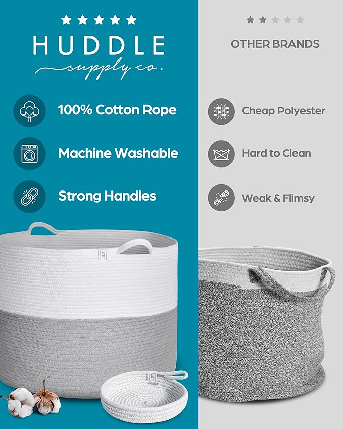 XXXXL WASHABLE Jumbo 125L Extra Large Blanket Basket, Woven Decorative Cotton Rope Basket with Handles for Laundry, Living Room, Baby Toys Nursery, Storage, Organization Bins 24" x 17" (Grey & White)