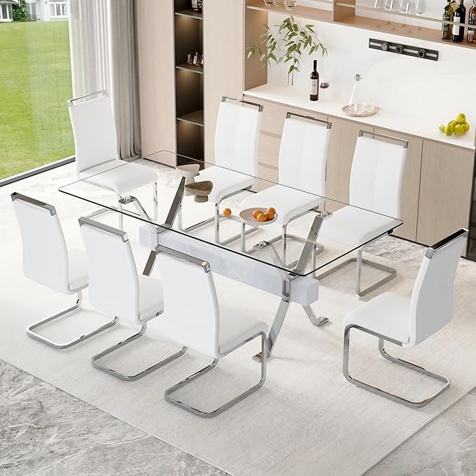9 Piece Glass Dining Table Set, 79" Modern Dining Table Set for 8, 0.5" Thick Tempered Glass Tabletop with Silver Chrome Metal Legs and Grey Crossbar, 8 PU Chairs for Dining Room, Kitchen