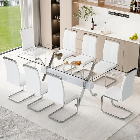 9 Piece Glass Dining Table Set, 79" Modern Dining Table Set for 8, 0.5" Thick Tempered Glass Tabletop with Silver Chrome Metal Legs and Grey Crossbar, 8 PU Chairs for Dining Room, Kitchen