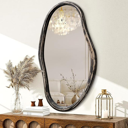 JJUUYOU Irregular Mirror Asymmetrical Wall Mirror 36"x24" Modern Hanging Mirrors for Bathroom Bedroom Living Room Hallway Large Wall Mounted Makeup Dressing Mirrors Rustic Black