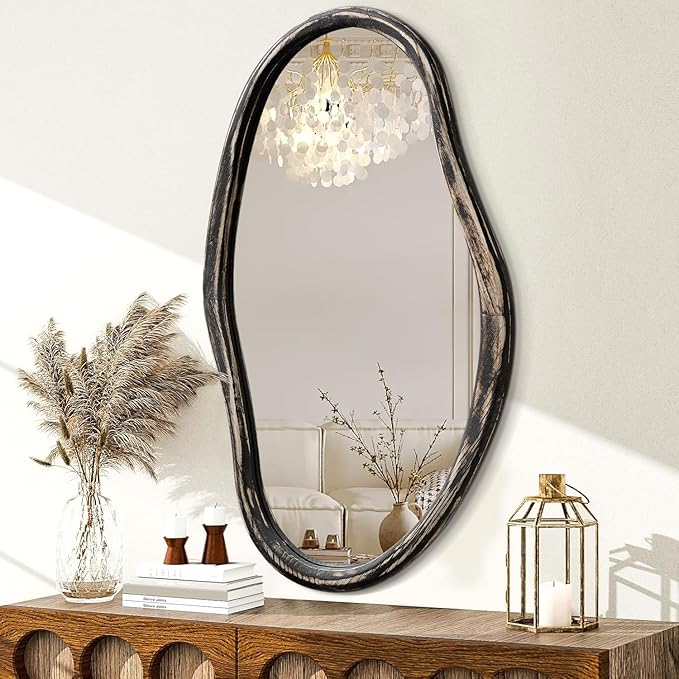 JJUUYOU Asymmetrical Wall Mirror Irregular Mirrors for Wall Modern Wood Frame Unique Vanity Mirror Shaped Dressing Mirrors Decor for Living Room Bathroom Bedroom Entryway Large 30"x18"