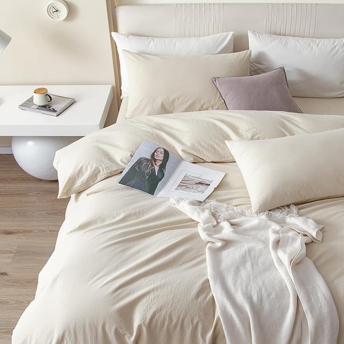 JIYUAN 100% Washed Cotton Duvet Cover Set 3 PCS Super King Plus, 1 Duvet Cover 120x120 Inches(Comforter Not Included) and 2 Pillowcases,Linen Feel Bedding Set Comfy and Breathable,Heathered Beige