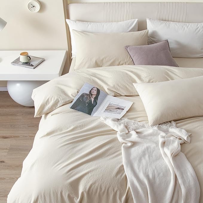 JIYUAN 100% Washed Cotton Duvet Cover Set 3 Pieces Queen, 1 Duvet Cover 90x90 Inches(Comforter Not Included) and 2 Pillowcases,Linen Feel Bedding Set Comfy and Breathable,Heathered Beige