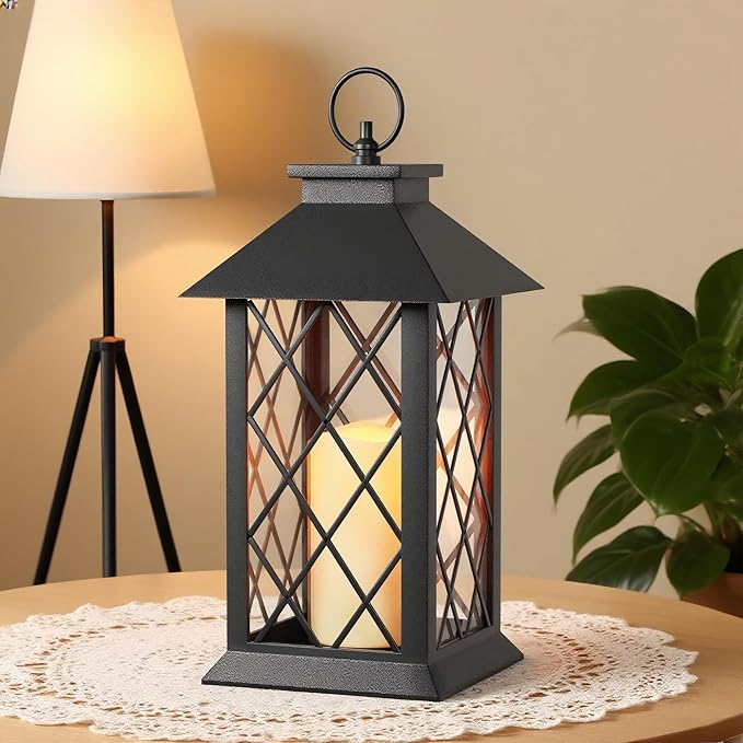 Lanterns Decorative Indoor, 14" Battery-Powered Waterproof Black LED Candle Lanterns with Timer for Patio & Outdoor, Vintage Hanging Lantern for Home & Wedding, Diamond