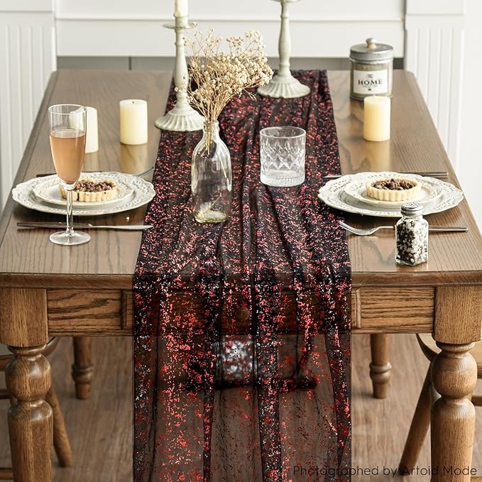 Artoid Mode Black Red Gold Gauze Table Runner 120 Inch 10FT, Glitter Metallic Foil Sheer Dining Wedding Anniversary Holiday Table Decor for Home Party