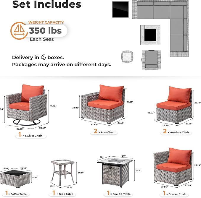 ovios 9 Pieces Patio Furniture Set, Outdoor Wicker Sectional Sofa with 30" Fire Pit Table Swivel Chair, Modern Modular Deep Seat Rattan Couch Conversation Sets, Orange Red