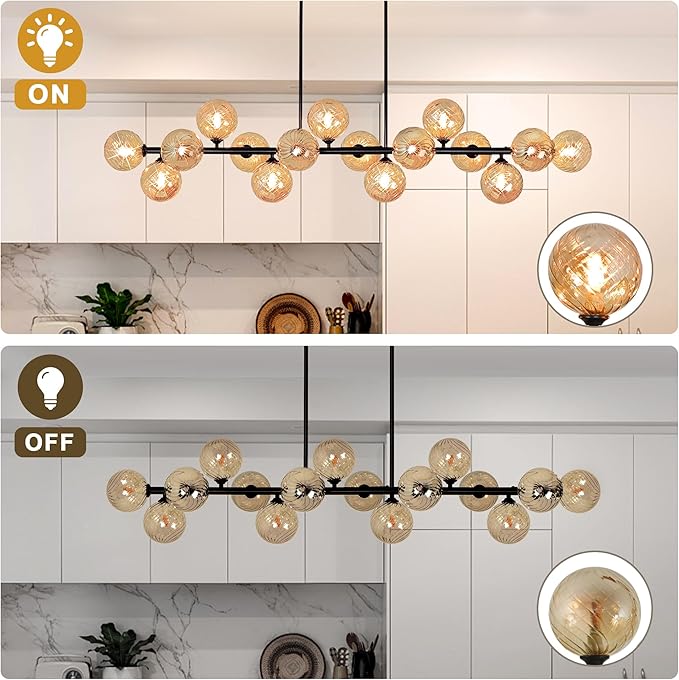 Large Dining Room Light Fixture, 55" Modern Linear Sputnik Chandeliers with Amber Sirled Glass Globe Bubble Farmhouse Chandeliers for Dining Room 16 Lights Island Light for Kitchen