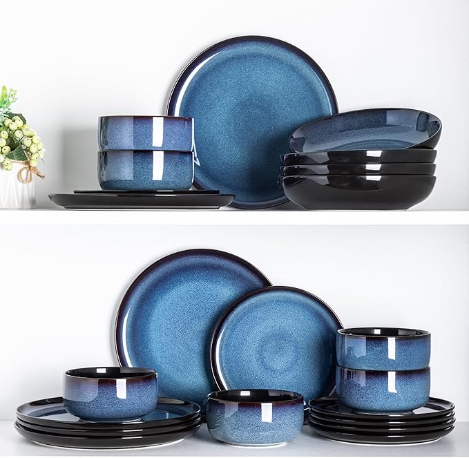 LERATIO Ceramic Dinnerware Sets for 8,Stoneware Plates and Bowls Sets,Reactive Glaze Dishes Set,Highly Chip and Crack Resistant | Dishwasher & Microwave & Oven Safe Dishes set,Service for 8-Blue(24pc)