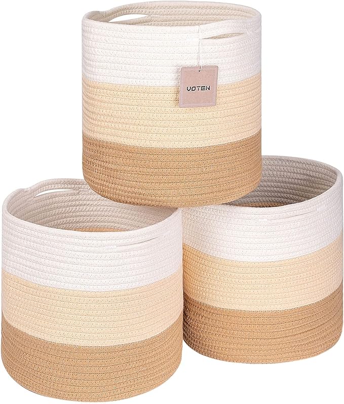 voten Round Storage Cubes Baskets Bins Organizer 11x11x11'' Fit 12x12'' Cube Storage, Durable Woven Cotton Rope, 3-Tone Honey, 3-Pack, Collapsible
