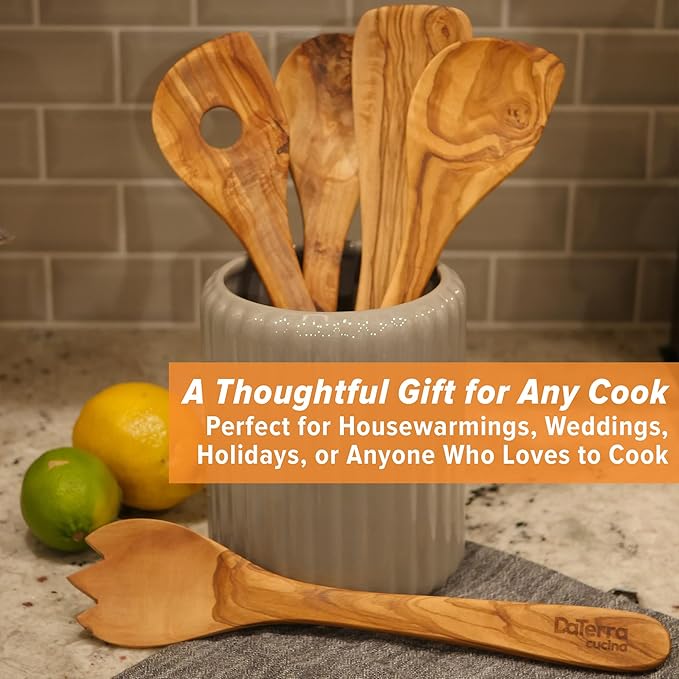 12-Inch Olive Wood Cooking Tools – 5-Piece Wooden Kitchen Utensils Set with Spoons, Spatulas & Cooking Tools – Wood Kitchen Utensils Set for Cooking – Crafted Wood Essentials by DaTerra Cucina