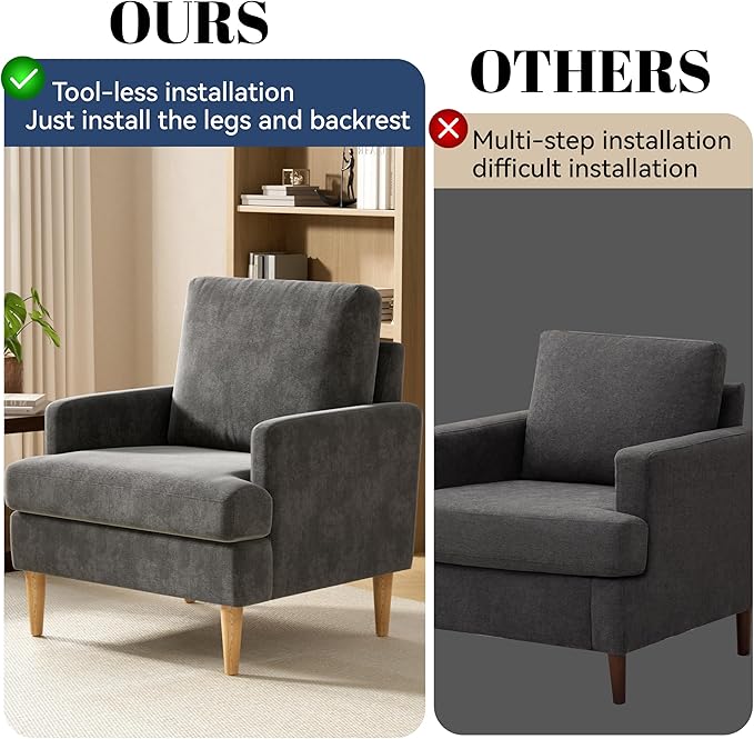 VKNOW Mid-Century Accent Chair, Modern Upholstered Chenille Armchair for Living Room,Comfy Reading Accent Chairs with Wood Legs for Bedroom, Dark Grey