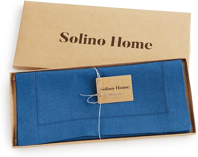 Solino Home Linen Indigo Blue Table Runner 132 Inches Long - 100% Pure Linen Extra Long Table Runner 14 x 132 Inch for Fall, Autumn - Classic Hemstitch