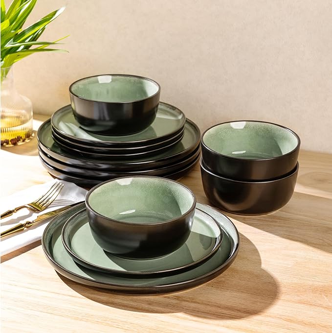 AmorArc Stoneware Dinnerware Sets,Round Reactive Glaze Plates and Bowls Set,Highly Chip and Crack Resistant | Dishwasher & Microwave Safe Dishes Set,Service for 4 (12pc)