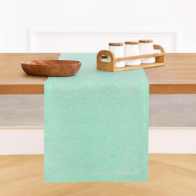 Solino Home Linen Table Runner 48 Inches - 100% Pure Linen Chambray Aqua Table Runner 14 x 48 Inch Ideal for Dresser and Coffee Tables - Athena