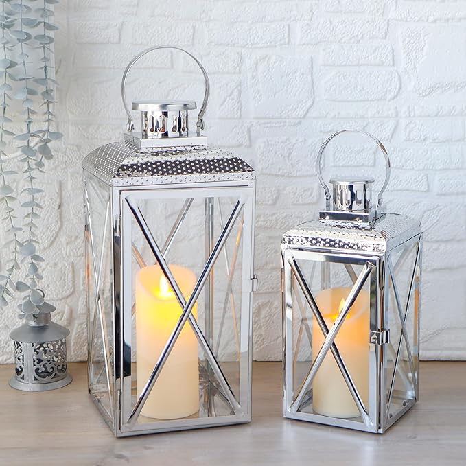 TRIROCKS Stainless Steel Lantern 18'' & 14" H Set of 2-Square Elegance Metal Candle Lanterns Candle Holder with Tempered Glass for Home Garden Indoor Outdoor Decor Celebratory
