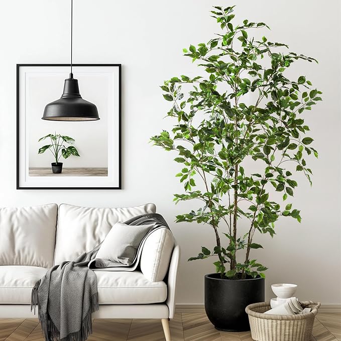 Artificial Ficus Tree Indoor 6ft, Large Potted Faux Tree with Realistic Silk Leaves & Trunk for Home Office, Living Room Corner Decor