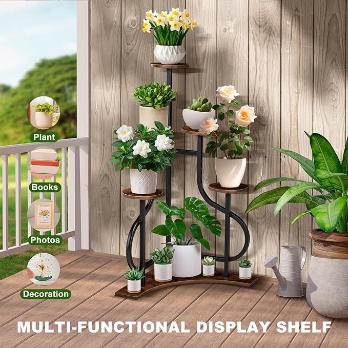 6-Tier Corner Plant Stand, Indoor Plant Stand with L-shaped Base, Aesthetic Metal Plants Shelf for Multiple Plants Flower Pot, MDF Outdoor Plant Holder for Patio Balcony (Rustic Brown)