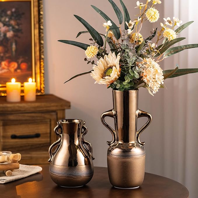 Gold Ceramic Vase with Handles, Brown Rustic Farmhouse Vintage Flower Vases Home Decor, Modern Amber Brown Tall Centerpiece Floral Small Vase for Living Room, Bedroom, Office Metal Glaze Finish 7.3 In